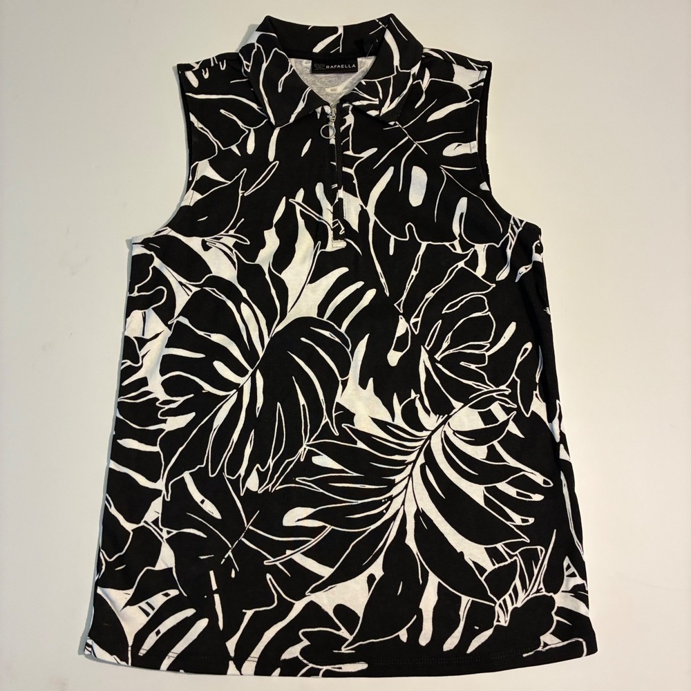 Rafaella Womens Size Small Black Tropical Monstera Leaf Quarter Zip Polo Top NEW